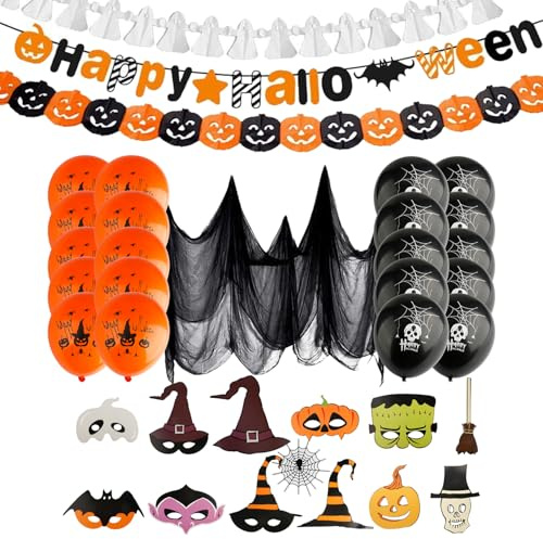 Tabanzhe Halloween Decoration Set-Happy Halloween Banner Balloons Reusable Photo Props Spider Web for Indoor Outdoor Halloween Party Hanging Decor Bunting Kit