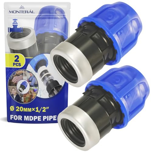2 Pezzi Raccordo Manicotto Ø 20 mm x 1/2″ con Filetto Femmina Rinforzata | con Anello in Acciaio Zincato in Polipropilene PP per il Collegamento di Tubo Polietilene PE - MONTERAL