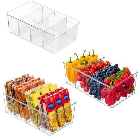 Eidoct 3 Pack Fridge Organiser Divided, Fridge Storage Organiser, Bins Stackable Storage Container with Removable Clear Divider, Drawer and Food Organizer, for Kitchen Refrigerator Cupboard Pantry