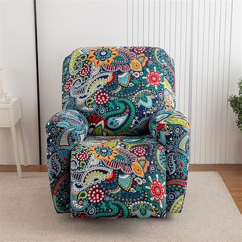 Fansu Funda de Sillón Relax, Elegante Boho Estampadas Elasticidad para Sillón Relax Funda Reclinable con Bolsillos Laterales, 1 Plaza/4 Piezas Extraíbles y Lavables Fundas Protector (Paisley Azul)