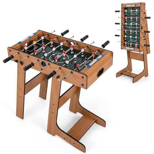 GYMAX Calcio Balilla Pieghevole in Legno, Calcetto da Tavolo con Supporto e 6 Aste, 2 Palloni e 18 Portieri e Segnapunti, per Bambini e Adulti, 69 x 60 x 71 cm