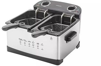 Professional Twin Deep Fat Fryer, 2 Baskets, Stainless Steel and Black, Temperature Control