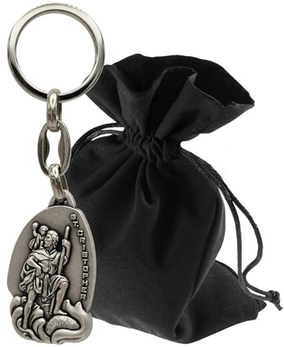 Lunexus Christophorus Schlüsselanhänger Metall - Silber, 9,5 cm | Hochwertige Metallprägung aus Italien, detailreich - Schutzsymbol für Auto, Motorrad, Pilger - mit Zertifikat, Samtsäckchen