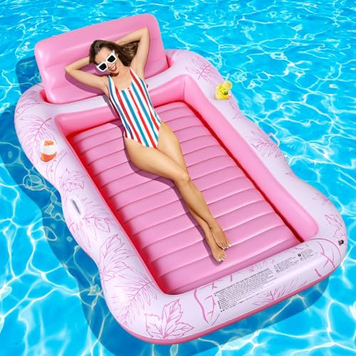 Charmofun Materassino Gonfiabile Abbronzante, Gonfiabile Galleggiante Materasso Piscina, Gonfiabile Tanning Pool, Lettino Gonfiabile Piscina con Portabicchieri e Portabibite per Adulti (Rosa)