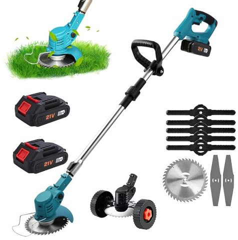 Coupe Bordure sans Fil 21V,Debroussailleuse Electrique sans Fil avec 2 Batterie 1300mAh et 8 Lames, Tête Pivotante 90°,Tige Télescopique,Roulette auxiliaire,pour Jardin,Pelouse,Ferme (Batterie*2)