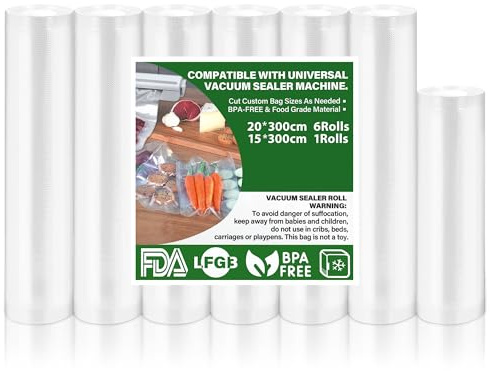 Vakuumpåsar 7 rullar Vakuumpuskar Mat 15|20x300cm, Vakuumfolie för alla Vakuumförpackare, Vakuumpåse BPA-fri, rivtålig, 190 µm, Sous Vide fryspåse för alla Mikrovågsugnar