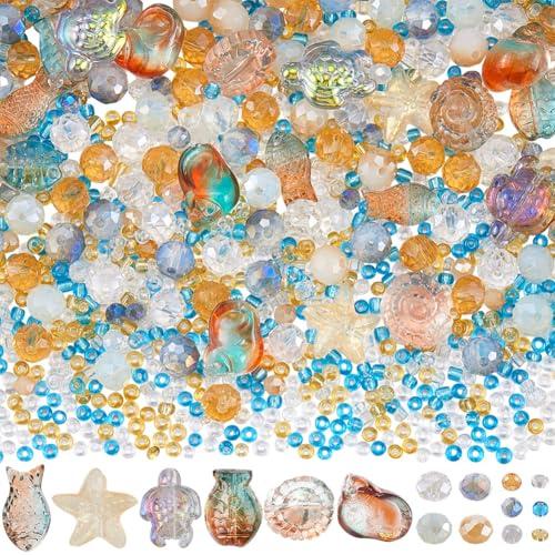 SUNNYCLUE 1 låda om 289 st havspärlor kit glas havspärlor söta klara sommarfärger strand djur fisksnäcka lösa distanser med 30 g fröpärlor för smyckestillverkning kit armband halsband fest