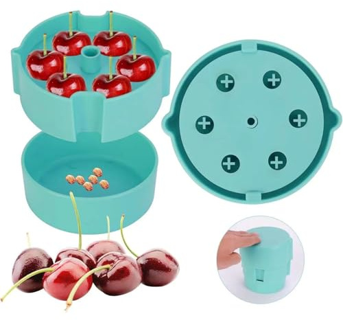 Dénoyauteur de Cerises 6 en 1, Denoyauteur Cerise Manuel avec Récipient de Récupération, Retrait de Graines à Pression Facile, Dénoyauteur Cerises Pour Gâteaux et Snacks (Vert)