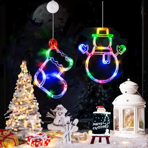 Weihnachtsbeleuchtung Fenster Innen, 2 Stück Led Weihnachtsdeko Fenster Beleuchtet Batteriebetriebene mit Saugnäpfe, Timer, Bunt Fensterbeleuchtung LED Lichtervorhang für Fensterdeko Weihnachten