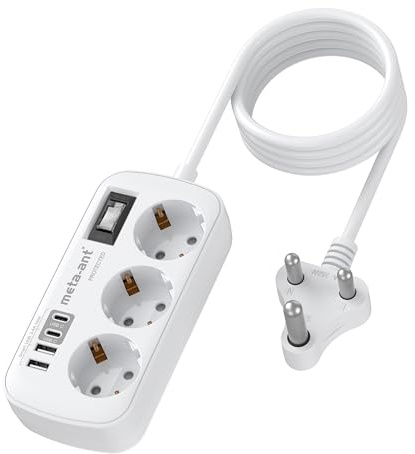 Adapter für Südafrika mit 3-Fach Steckdosen & 4 USB (2 USB-C 3.4A), Schnellladegerät, Typ M Adapter für Südafrika, Namibia, Lesotho, Mosambik, Botsuana, Lesotho, 1,5m Kabel
