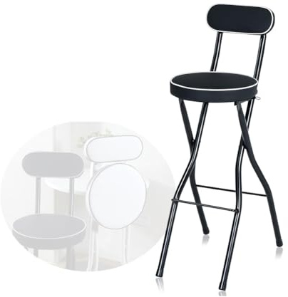 Sgabello da Bar Pieghevole con Seduta Rotonda Imbottita, Sedia Portatile Pieghevole Alta Fino al Bancone, per la Colazione Cucina(Black,65cm/25.6in)