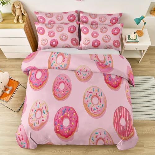 Generico Set Biancheria da Letto Reversibile 200 x 200 cm – Microfibra Morbida Stampa Romantico Cartone animato Ciambella, Chiusura con Cerniera, 3 Pezzi con 2 Federe Rosa