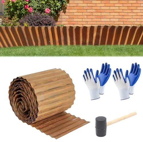 Cortenstahl Aartner - Bordo per prato in acciaio corten, altezza 15 cm, bordatura per aiuole in metallo con 2 paia di guanti, piccolo martello, bordo per aiuole con ruggine (ondulato, 5 m x 15 cm)