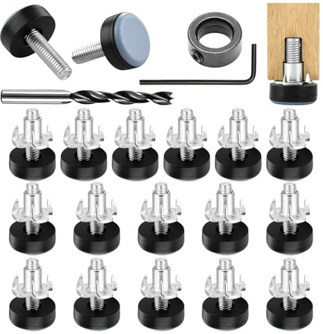 16 Stück PTFE-Gleiter Möbelgleiter 20 mm Stellfüße M6 | mit Muttern Bohrer Tiefenanschlag und Schraubenschlüssel - Stuhlgleiter zum Verschieben von Schränken Sofas und Tischen