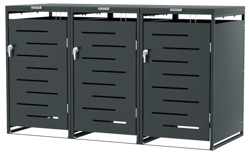 ISOISL Mülltonnenbox 3er für 120L/240L, Mülltonnenverkleidung aus Pulverbeschichtetem Metall, Abschließbar, Wetterfest, mit Gasdruckdämpfern, Anthrazit