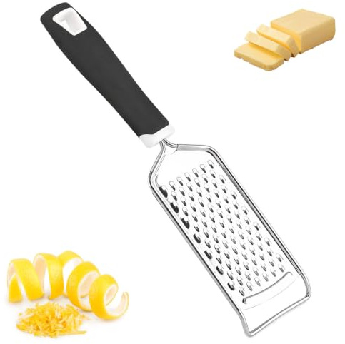 Msjuwek Premium Stainless Steel Cheese Grater & Lemon Zester, Fine Hand Grater for Parmesan, Garlic, Ginger, Chocolate & Nutmeg, Kitchen Tool with Non-Slip Extended Handle, Easy to Clean