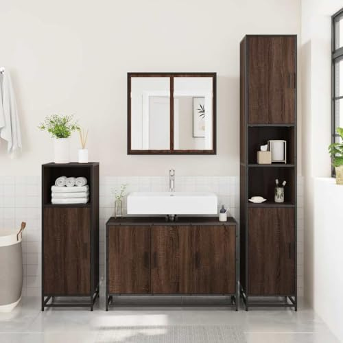 Générique Mobile lavabo bagno rovere marrone 90 x 33 x 60 cm, armadio lavabo con struttura in metallo industriale, ampio spazio e piano forato per lavello, elegante design retrò
