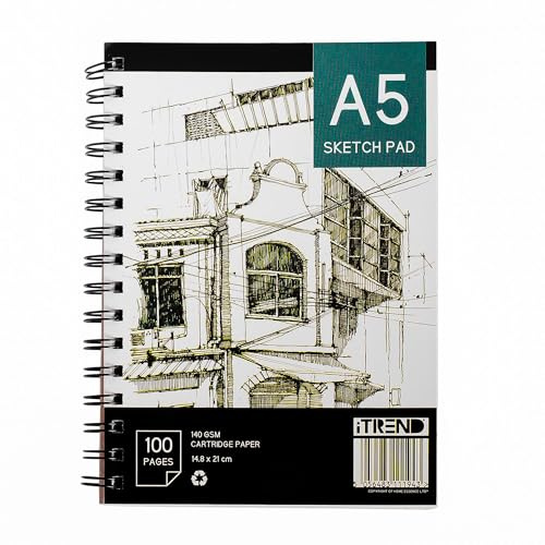 iTrend A5 Artist Sketch Book - with Ring Binder - White Art Drawing Paper - A5 100 Pages Sketch Pad - 140GSM Cartridge Paper - 14.8 CM x 21 CM - Pack of 1 - Ideal for Artists, Designers