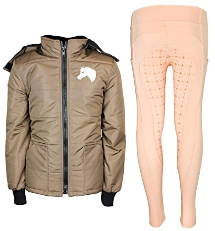 MS-Trachten Reitset Winter Kinder Reitjacke Mia Braun gesteppt mit Reitleggings Apricot (122/128)