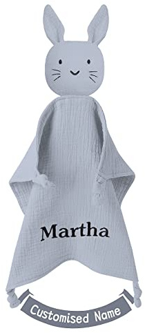 TYRY.HU Babydecke mit Namen Personalisierte Kuscheldecke,Grau Kaninchen | DIY Customise Schmusetuch,Strick Schnuffeltuch,Geschenk zur Geburt