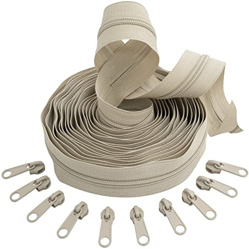 Aerzetix - C62774x5-C62863x10 - Kit di Cerniera Lampo Rinforzata Spirale 5m N°5 18G/MB Colore: Beige Chiaro + 10 cursori N°5 Non bloccabile Colore: Beige Chiaro - merceria Cucito