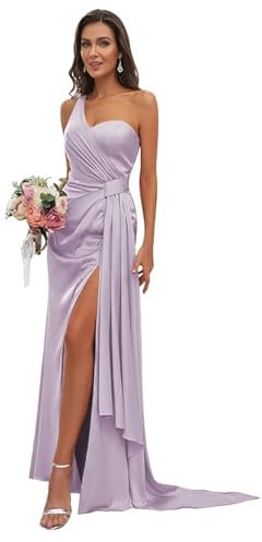 Robe de demoiselle d'honneur en satin à une épaule dénudée pour femme, robe de soirée longue sirène avec fente LN376, lilas, 44