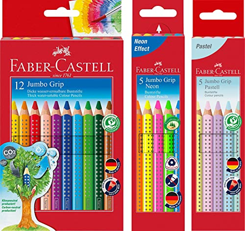 Faber-Castell - Farbstift Jumbo Grip Kartonetui 12er + 5er Etui Jumbo Grip Neonfarben + 5er Etui Pastellfarben