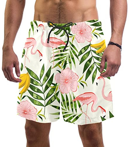 WOSHJIUK Herren-Shorts,Badehose,schnell trocknend,Flamingo und Blätter Banane,Board Short Outdoor Walk Beach Bademode