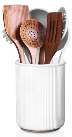 LoeJan Utensil Holder, Extra Large Utensil Crock, Stable Ceramic Utensil Organizer, Cooking Tool Organizer Set for Kitchen Counter Farmhouse Decor (F-6.7 White)