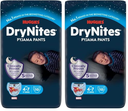 DryNites saugfähige Nachtwindeln bei Bettnässen, Für Jungen 4-7 Jahre (17-30 kg), 3 x 10 Stück : 30 Windel-Pants, Höschenwindeln, Windelhöschen (Packung mit 2)