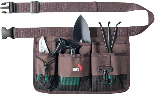 UNCO Gardening Belt, Brown Gardening Tool Belt, Tool Belt for Men, Waist Apron with Pockets, Adjustable Size 40-50 Inches