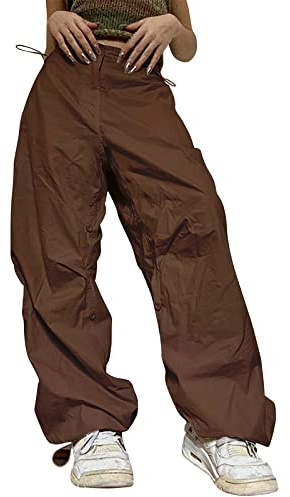 MODSGUE Y2k Pants Retro Parachute Pantalones Cintura Elástica Pantalones de Senderismo Rectos con Cordón Y Bolsillos Pantalones de Corte Ancho para Deportes y Diario Pantalones de Skateboard, café, M