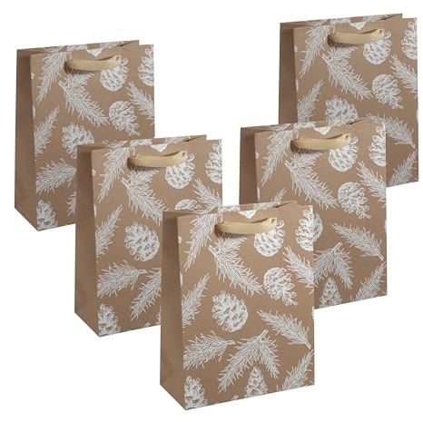 SIGEL Premium Geschenktüten Tannenzapfen Zweige groß 33 x 26 cm 5er Set | GT120/5, weihachtliches braun-weißes Design mit Seidenbandgriffen