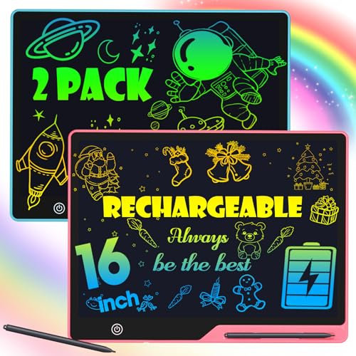 POPERFUN 2 Pack LCD Writing Tablet for Kids, 16 Inch Rechargeable Erasable Doodle Board Colorful Toddler Drawing Tablet, Preschool Learning Toys Christmas Birthday Gift 3-7 Year Old Girls(Pink&Blue)