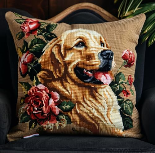 kitphoenix Latch Hook Cushion Kit Rosenblume Und Golden Retriever Hund Toolkit Zum Selber Knüpfen Kissens 43Cmx43Cm