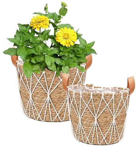 JNRFTY Set med 2 storlekar, blomkrukor, flätade sjögräs, växtkorgar, ytterkrukor för inomhusväxter, ytterkrukor med handtag 25 cm och 29 cm diameter