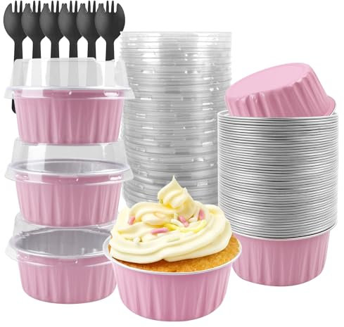 Aluminium Foil Cake Cups with Lids Muffin Tins, Mini Cake Pans, Mini Bread Moulds with Lids, Disposable Baking Cups with Lids - 50 Pack of 5 oz Round Aluminium Foil Cake Baking Cups-Pink