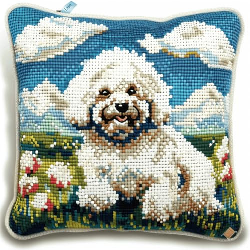 DIY knüpfen set erwachsene weißer Hund Tier knüpfkissen set Cartoon-Landschaft Kits zur Herstellung von Kissenbezügen，DIY-Häkelgarn-Kits，Stick-Kits，Kits zur Herstellung von Kissenbezüge 43x43cm