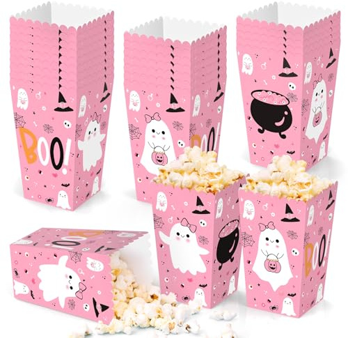 FHzytg 24 Pcs Halloween Popcorn Boxes, Pink Ghost Halloween Popcorn Bags Bowls Bucket, Halloweens Snack Goodies Candy Box Cookies Container Halloweens Treat Boxes Party Favor Boxes