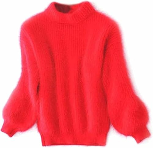 Suéter cálido Suelto de Mezcla de Cachemira de Invierno para Mujer, suéter Suelto de Punto con Cuello Redondo de Color sólido, suéter de Cuello Alto de Lana Gruesa Informal (Talla única,Rojo)