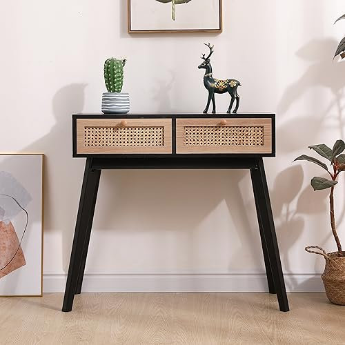 Table console d'entrée en pin massif avec rotin tressé Rangement élégant pour petits espaces (80 x 30 x 77,5 cm, naturel/noir)