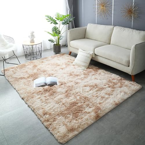 XUEDNGM Shaggy Hochflor Teppich Fellteppich 140 x 200 cm Hochflor Waschbarer Teppich rutschfest Fellteppich Anti-Rutsch, Flauschig, Weich, Waschbar, Langflor für Wohn Schlafzimmer, Beige