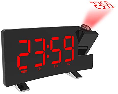 Ailgely Uhr, Projektions-FM-Radiowecker mit USB-Ladeanschluss, 15 Radiokanälen, Zwei Alarmen, 8-Zoll-Bildschirmanzeige, 3-stufige Helligkeit, für den Heimgebrauch (Rot)