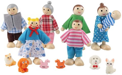 UYUYong 13 Stück Puppenhaus Puppen Holz Familienpuppen Spielset Biegepuppen Puppenhäuser Figuren mit Hund Katzenfiguren und Schaukelpferd Familie für Puppenfamilien Mitglieder Spielzeug Geschenk