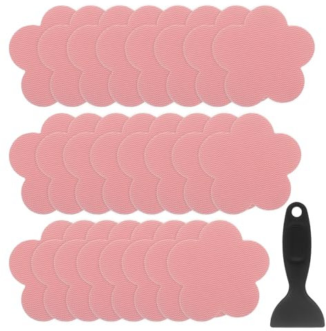 QUARKZMAN 24 Piezas de Pegatinas Antideslizantes para Bañera Ducha Piso 3.3 Cinta Adhesiva Antideslizante Estilo Pétalo con Raspador para Baño Cocina Escalones de Bañera, Rosa