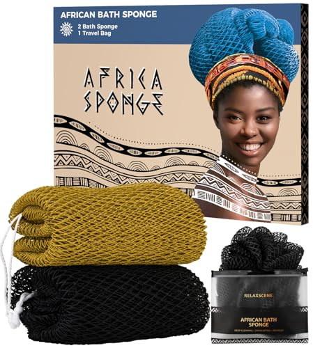 African Net Sponge Black and AntiGolden - 2 Pieces Authentic African Bath Sponges with Knots - Exfoliating Body Scrubber for Men - Back Scrub Exfoliator for Shower Bathroom Accessories