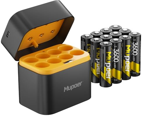 Rechargeable Battery AA with Charger,3600mWh Lithium Aa Battery 12 Count 1.5V,Double A Batteries High Capacity,Lithium ion Batteries with Charging Storage Box,Lithium Batter for Blink Camera Xbox