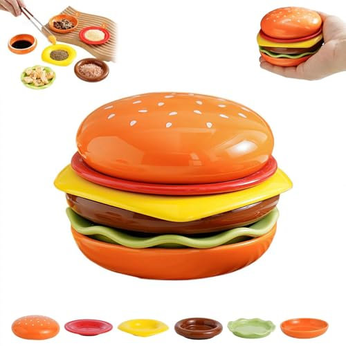 Cikiki Hamburger Plate Set,Stackable Burger Shape 6-Layer Mini Plate Plates,Cute Ceramic Hamburger Bowls and Plates for Sauce,Sushi Dip,Appetizer,Biscuit Dessert