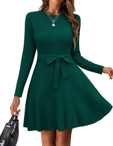 HOTOUCH Robe pull décontractée à manches longues pour femme - Robe moulante en tricot avec ceinture - Tailles S à XXL, Vert, M