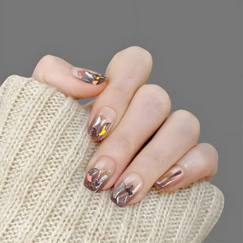 Auriselle Press on Nails Kurz 30 Stück Französisch Falsche Mandel Nägel Künstliche Rosa Farbverlauf Soft Gel Nägel mit Design 3D Blume Diamanten, Perfekt für Maniküre zu Hause